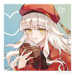 1girl artist_name beret black_bow black_bowtie blue_background blue_gemstone blush border bow bowtie box box_of_chocolates caren_hortensia caren_hortensia_(amor_caren) caren_hortensia_(amor_caren)_(second_ascension) closed_mouth collared_dress commentary_request daachan dress fate/grand_order fate_(series) gem hair_between_eyes hand_up hat hat_ornament hat_tassel heart heart-shaped_box heart_background holding holding_box juliet_sleeves long_hair long_sleeves looking_at_viewer puffy_sleeves red_dress red_hat sidelocks smile solo tassel upper_body wavy_hair white_border white_hair yellow_eyes