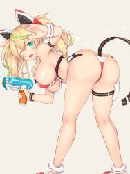 1girl aqua_eyes ass bare_shoulders bent_over blonde_hair blush breasts butt_crack fang female_focus gene_(pso2) green_hair hair_between_eyes headgear highres large_breasts long_hair multicolored_hair one_eye_closed open_mouth phantasy_star phantasy_star_online_2 revealing_clothes shiny_skin smile solo streaked_hair tosaka_teru twintails two-tone_hair