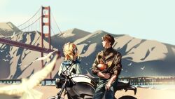 1boy 1girl bird black_hair black_jacket black_neckerchief blonde_hair blue_pants bridge brother_and_sister burn_scar cowboy_shot facing_away golden_gate_bridge helmet highres holding_unworn_helmet j_(reverse:1999) jacket leaning_against_motorcycle looking_to_the_side luojia_ying motor_vehicle motorcycle motorcycle_helmet mountain neckerchief outdoors pants paulina_(reverse:1999) polka_dot_neckerchief profile reverse:1999 san_francisco scar scar_on_arm scar_on_face shirt short_hair siblings sky step-siblings suspension_bridge too_many too_many_birds turning_head white_bird white_shirt white_sky