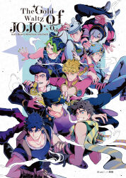1girl 6+boys backpack bag battle_tendency beanie blonde_hair blue_gakuran blue_hat blue_hoodie blue_pants blue_shirt brown_bag brown_gloves brown_hair cleavage_cutout clothing_cutout collarbone diamond_wa_kudakenai dixie_cup_hat family father_and_daughter father_and_son fingerless_gloves gakuran giorno_giovanna gloves grandfather_and_grandson green_hair green_scarf grey_hair hair_between_eyes hat higashikata_josuke higashikata_josuke_(jojolion) high_collar highres hood hood_up hoodie horseshoe_hat_ornament horseshoe_ornament jacket jodio_joestar johnny_joestar jojo_no_kimyou_na_bouken jojolion jonathan_joestar joseph_joestar joseph_joestar_(young) kepi kira72322728434 kuujou_jolyne kuujou_joutarou ladybug_ornament long_bangs male_focus military_hat multicolored_hair multiple_boys pants peace_symbol pectoral_cleavage pectorals phantom_blood pink_jacket purple_shirt sailor sailor_collar scarf school_uniform shirt short_sleeves sleeveless sleeveless_shirt stardust_crusaders steel_ball_run stone_ocean striped_clothes striped_scarf the_jojolands time_paradox two-tone_hair vento_aureo white_hat white_sailor_collar wing_ornament yellow_shirt