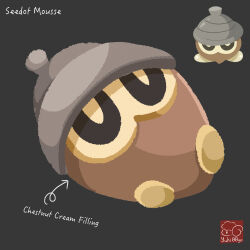 arrow_(symbol) artist_logo artist_name character-themed_food character_name food food_focus food_name gen_3_pokemon grey_background highres logo mousse_(food) nintendo no_humans pokemon pokemon_(creature) seedot simple_background yuki00yo