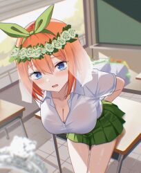 1girl arms_behind_back blue_eyes blurry blurry_foreground blush bouquet bow bow_hairband breasts bridal_veil chalkboard classroom cleavage collared_shirt commentary danraz0r day desk dress_shirt feet_out_of_frame flower go-toubun_no_hanayome green_bow green_hairband green_skirt hair_between_eyes hairband highres indoors jewelry large_breasts leaning_forward looking_at_viewer nakano_yotsuba on_desk open_mouth orange_hair pleated_skirt ribbon ring school_desk school_uniform shirt short_hair short_sleeves sitting skirt solo tile_floor tiles veil wedding_ring white_shirt window