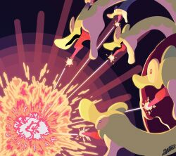 Rule 34 | absurdres, animal focus, breath weapon, commentary request, energy beam, explosion, fickle beam (pokemon), highres, hydrapple, nintendo, no humans, open mouth, pokemon, pokemon (creature), pokemon move, sakanagi (a r co), signature, tongue