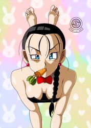 Rule 34 | 1girl, absurdres, animal costume, barefoot, black hair, blue eyes, bow, bowtie, braid, braided ponytail, breasts, carrot, cleavage, dragon ball, dragon ball gt, dragonball z, feet, highres, leotard, medium breasts, playboy bunny, puyasawyer, rabbit costume, rabbit ears, red bow, red bowtie, soles, toes, videl, watermark
