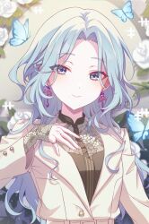 1girl black_shirt blue_eyes blue_hair bug butterfly closed_mouth commentary_request earrings eyes_visible_through_hair flower hand_on_own_chest hinomori_shizuku insect jacket jewelry kheng_(k_heng1223) long_hair long_sleeves looking_at_viewer mole mole_under_mouth parted_bangs project_sekai ring rose shirt smile solo upper_body white_flower white_jacket white_rose