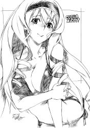 Rule 34 | 1girl, artist name, bikini, breasts, cecilia alcott, cleavage, dated, drill hair, hairband, highres, holding own arm, infinite stratos, large breasts, leaning forward, legs, long hair, looking at viewer, monochrome, side-tie bikini bottom, sketch, smile, solo, swimsuit, thighs, traditional media, very long hair