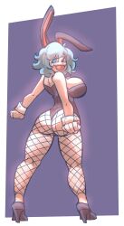 animal_ears ass blue_hair breasts bulb108 curvy fishnet_pantyhose fishnet_thighhighs fishnets heterochromia high_heels highres large_breasts leotard pantyhose playboy_bunny rabbit_ears standing tatara_kogasa thick_thighs thighhighs thighs tongue tongue_out touhou