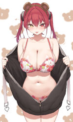 1girl :3 :p absurdres animal_ears artist_name bare_shoulders bear_background bear_ears black_hoodie blush bra breasts brown_hairband cleavage cloba closed_mouth collarbone fingernails hair_between_eyes hairband heart heterochromia highres hololive hood hoodie houshou_marine huge_breasts long_hair long_sleeves looking_at_viewer nail_polish navel open_clothes open_hoodie panties pink_nails red_eyes red_hair signature sleeves_past_wrists smile solo stomach stuffed_animal stuffed_toy teddy_bear thigh_gap thighs tongue tongue_out twintails underwear v-shaped_eyebrows virtual_youtuber white_background white_bra white_panties yellow_eyes zipper_pull_tab