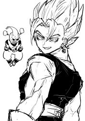 2boys anger_vein angry antennae back belt belt_buckle bracer buckle clenched_hands clenched_teeth dougi dragon_ball dragon_ball_super earrings fang fingernails from_behind frown gloves greyscale half-closed_eyes highres hole_on_body jewelry looking_at_viewer looking_back majin_buu male_focus medium_hair midair monochrome multiple_boys muscular muscular_male no_eyebrows obata2nd pectorals potara_earrings sash short_sleeves smile smug spiked_hair steam super_buu super_saiyan sweat teeth undershirt upper_body vegetto veiny_face