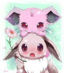 Rule 34 | alternate color, artist name, blush, brown eyes, eevee, fangs, flower, flying sweatdrops, gen 1 pokemon, green background, holding, holding flower, horns, kana (251373), looking at viewer, motion lines, nidoran, nidoran (male), nintendo, no humans, open mouth, outside border, outstretched arm, pokemon, pokemon (creature), red eyes, shiny pokemon, single horn