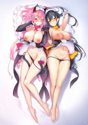 2girls animal_ear_fluff animal_ears apron armpits barefoot bed_sheet black_hair black_panties blush breasts cat_ears cat_girl cat_tail closed_mouth collarbone elbow_gloves feet frilled_pillow frills from_above full_body gloves gluteal_fold green_eyes groin hair_between_eyes highres large_breasts legs long_hair looking_at_viewer lying maid maid_apron maid_headdress momi multiple_girls navel nipples non-web_source on_back original page_number panties pillow pink_hair pyon-kichi shiny_skin sidelocks smile stomach sweat tail thigh_gap toenails underwear very_long_hair waist_apron white_apron yellow_eyes