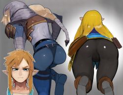 1boy 2girls all_fours ass ass_focus bent_over blonde_hair blue_eyes cameltoe from_behind leggings link long_hair multiple_girls nintendo pants pointy_ears princess_zelda raichiyo sheik simple_background sketch skin_tight the_legend_of_zelda the_legend_of_zelda:_breath_of_the_wild the_legend_of_zelda:_ocarina_of_time thong tight_clothes tight_pants