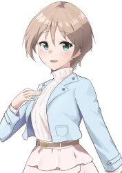 1girl :d aqua_eyes belt blue_jacket blush breasts brown_belt brown_hair com2 commentary_request cowboy_shot frilled_skirt frills harumiya_yukuri highres ikizulive!_love_live!_bluebird jacket layered_skirt long_sleeves looking_at_viewer love_live! medium_breasts open_clothes open_jacket open_mouth pink_skirt short_hair simple_background skirt smile solo sweater white_background white_sweater