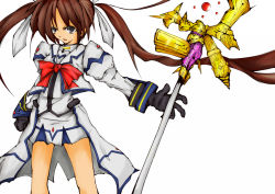 Rule 34 | 00s, 1girl, alternate weapon, bow, female focus, gloves, lyrical nanoha, magazine (weapon), magical girl, mahou shoujo lyrical nanoha, mahou shoujo lyrical nanoha strikers, raising heart, red bow, solo, takamachi nanoha, takamachi nanoha (aggressor mode), twintails, waist cape, weapon, white devil