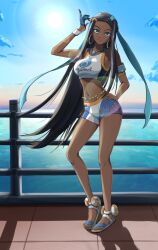 1girl absurdres belly_chain bikini bikini_shorts blue_bikini blue_eyes blue_gloves blue_ribbon blue_shorts blue_sky closed_mouth contrapposto dark-skinned_female dark_skin day earrings floating_hair full_body gloves greyscale hair_ribbon hand_on_own_hip hgus5855 highres hoop_earrings jewelry long_hair looking_at_viewer monochrome multicolored_bikini multicolored_shorts navel nessa_(pokemon) nintendo ocean outdoors pokemon pokemon_swsh print_bikini ribbon shorts single_glove sky smile solo sports_bikini standing sun swimsuit very_long_hair white_bikini white_shorts wristband