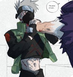 2boys absurdres bandana blood blood_on_face english_text gloves grey_hair hanged hatake_kakashi highres jobbpann konohagakure_shinobi_uniform konohagakure_symbol male_focus mask mouth_mask multiple_boys muscular muscular_male narrow_waist naruto_(series) naruto_shippuuden uchiha_obito uzumaki_symbol