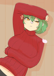1girl absurdres arm_above_head arm_between_breasts between_breasts breasts falling_petals green_hair hair_between_eyes half-closed_eye highres hikage_(senran_kagura) karehaman large_breasts light_blush lying navel on_back on_ground petals red_sweater senran_kagura shadow short_hair slit_pupils solo surprised sweater yellow_eyes