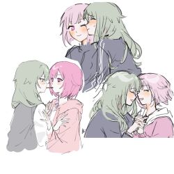 2girls black_jacket black_sweater_vest blush closed_mouth commentary_request denden1010cp food food_in_mouth green_hair hand_on_another&#039;s_arm highres holding_hands hood hoodie interlocked_fingers jacket kusanagi_nene long_hair long_sleeves multiple_girls one_eye_closed ootori_emu pink_eyes pink_hair pink_hoodie pocky pocky_in_mouth pocky_kiss project_sekai purple_eyes shared_food shirt short_hair simple_background smile sweatdrop sweater_vest white_background white_shirt yuri