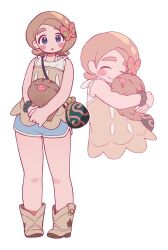 1girl bare_arms bare_legs blush_stickers coin_purse creatures_(company) cropped_torso dolphin_shorts full_body game_freak gen_2_pokemon hug mahittah multiple_views nintendo pai_(world&#039;s_end_club) pokemon pokemon_(creature) shorts simple_background swinub white_background