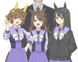 1boy 3girls ;d ^_^ absurdres alternate_costume animal_ears arms_behind_back black_cardigan black_hair bow bowtie brown_hair business_suit cardigan closed_eyes ear_covers ear_ornament facing_viewer flipped_hair formal_clothes green_eyes hands_in_pockets highres honda_mio horse_ears horse_girl horse_tail idolmaster idolmaster_cinderella_girls index_finger_raised jewelry kopperion long_hair long_sleeves looking_at_viewer multiple_girls necklace new_generations_(idolmaster) one_eye_closed open_mouth pleated_skirt producer_(idolmaster) producer_(idolmaster_cinderella_girls_anime) purple_shirt purple_skirt sailor_collar sailor_shirt school_uniform shibuya_rin shimamura_uzuki shirt short_hair skirt smile suit tail tracen_school_uniform umamusume white_bow white_bowtie winter_uniform