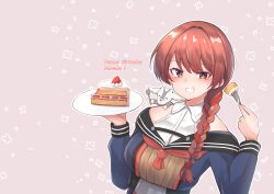 Rule 34 | 1girl, 702 (naotsu), absurdres, animal, animal on shoulder, black sailor collar, blue dress, braid, brown background, brown hair, cake, cake slice, collared shirt, dress, dress shirt, food, fork, goat, grin, happy birthday, highres, kantai collection, looking at viewer, nevada (kancolle), nevada kai (kancolle), one eye closed, red eyes, sailor collar, shirt, single braid, smile, solo, strawberry shortcake, two-tone background, upper body, white shirt