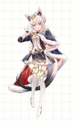 1girl ahoge aiguillette animal_ear_fluff animal_ears aqua_eyes belt blue_jacket blue_skirt blush boots braid bun_with_braided_base cape commentary crossed_bangs crown dress elbow_gloves epaulettes extra_ears fox_ears fox_girl fox_shadow_puppet fox_tail full_body fur-trimmed_cape fur_trim garter_straps gezerun gloves gold_crown gold_garter_belt gold_trim grin hair_between_eyes hair_bun high_heel_boots high_heels highres hololive jacket layered_skirt looking_at_viewer mini_crown miniskirt necktie official_alternate_costume official_alternate_hairstyle patterned_background pentagram pleated_skirt red_cape shirakami_fubuki shirakami_fubuki_(fbkingdom) shirt short_hair side_braid side_cape sidelocks simple_background single_hair_bun skirt smile solo standing suit_jacket tail thighhighs tilted_headwear two-tone_dress virtual_youtuber white_boots white_gloves white_necktie white_shirt white_skirt white_thighhighs