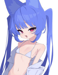1girl absurdres animal_ears bikini blue_hair breasts commentary fox_ears fox_girl halterneck highres long_hair looking_at_viewer miya_(myakuro) myakuro open_mouth original red_eyes simple_background small_breasts solo swimsuit twintails upper_body white_background white_bikini