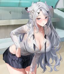 1girl absurdres animal_ear_fluff blush bra breasts grey_eyes grey_hair highres indie_virtual_youtuber large_breasts leaning_forward lillly long_hair long_sleeves looking_at_viewer necktie nuya_(nuyaonline) outdoors panties parted_lips pleated_skirt shirt skirt solo thighs underwear very_long_hair virtual_youtuber wet wet_clothes wet_shirt