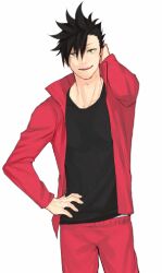 0vv0b abs animated black_shirt cat haikyuu!! image_editing_program kuroo_tetsurou male_focus pants red_pants removing_clothing removing_jacket removing_pants removing_shirt shirt topless_male