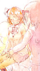 2girls ^_^ amami_haruka black_socks blush bow bowtie brown_hair closed_eyes collared_shirt commentary_request dot_nose eyelashes feet_out_of_frame from_behind futami_ami grin hair_bobbles hair_ornament hand_on_own_thigh happy idolmaster idolmaster_(classic) jacket kneehighs limited_palette lips long_sleeves medium_hair miniskirt multiple_girls on_bed one_side_up pillow pink_bow pink_bowtie pink_lips pink_sailor_collar pink_shirt pink_skirt pleated_skirt sailor_collar school_uniform serafuku shirt sitting skirt skirt_set smile socks standing sweater_jacket swept_bangs white_shirt yae_(mono110) yellow_jacket yuri