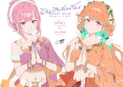 2girls :d aqua_hair armlet artist_name blunt_ends bracelet breasts character_name closed_mouth collarbone colored_inner_hair commentary commentary_request copyright_name earrings english_commentary eyelashes feather_earrings feathers fingernails fur_armlet gradient_hair grey_hairband hair_flaps hair_intakes hairband hands_up head_wreath highres hololive hololive_english jewelry long_hair looking_at_viewer mixed-language_commentary mori_calliope multicolored_hair multiple_bracelets multiple_girls navel open_mouth orange_hair orange_shawl own_hands_together palms_together pha_biang pha_nung pink_hair print_shawl purple_eyes purple_shawl salmon88 shawl sidelocks signature simple_background single_bare_shoulder smile stomach swept_bangs takanashi_kiara thai_clothes thai_commentary thai_text thailand translation_request two-tone_hair upper_body virtual_youtuber white_background