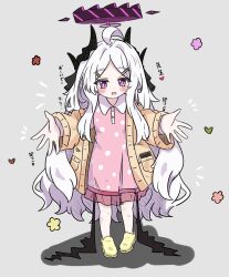 1girl black_horns black_wings blue_archive blush cardigan commentary_request demon_girl demon_horns demon_wings dress e_v_e_neko full_body grey_background halo highres hina_(blue_archive) hina_(pajamas)_(blue_archive) horns long_hair long_sleeves official_alternate_costume open_mouth pajamas pink_dress pink_pajamas polka_dot polka_dot_dress polka_dot_pajamas purple_eyes purple_halo reaching reaching_towards_viewer simple_background slippers solo standing translation_request very_long_hair wavy_hair white_hair wings yellow_cardigan yellow_slippers