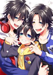 Rule 34 | 3boys, :d, adam&#039;s apple, arm around waist, badge, black choker, black hair, blue eyes, blue jacket, blush, boy sandwich, brothers, buster bros!!!, button badge, cheek poking, choker, clenched teeth, collarbone, commentary request, curtained hair, fingernails, green eyes, grin, hair between eyes, hand up, headphones, headphones around neck, heads together, heterochromia, highres, hood, hood down, hoodie, hypnosis mic, jacket, jacket over hoodie, jewelry, letterman jacket, light particles, long sleeves, looking at another, looking at viewer, male focus, mole, mole under eye, mole under mouth, multicolored jacket, multiple boys, multiple girls, multiple rings, neon ui, no headwear, open mouth, parted bangs, piercing hole, poking, raised eyebrows, red eyes, red jacket, ring, sandwiched, short hair, siblings, smile, star (symbol), star symbol background, tareme, teeth, two-tone jacket, upper body, w, white background, white hoodie, yamada ichiro, yamada jiro, yamada saburo, yellow eyes, yellow hoodie, zipper