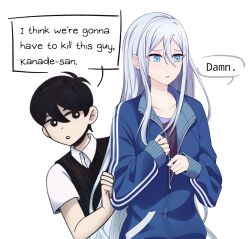 1boy 1girl antenna_hair black_eyes black_hair black_shirt black_sweater_vest blue_eyes blue_jacket bright_pupils character_name collarbone collared_shirt commentary crossover double-parted_bangs english_commentary english_text eyes_visible_through_hair fingernails grey_hair hair_behind_ear hair_between_eyes hand_on_another&#039;s_arm hands_up hatching_(texture) highres i_think_we&#039;re_gonna_have_to_kill_this_guy_steven_(meme) jacket long_hair long_sleeves looking_at_another looking_to_the_side meme no_sclera omori parted_lips partially_unzipped project_sekai puffy_long_sleeves puffy_sleeves shirt short_hair short_sleeves sidelocks simple_background sleeves_past_wrists speech_bubble straight_hair sunny_(omori) sweater_vest trait_connection upper_body very_long_hair very_short_hair white_background white_pupils white_shirt yoisaki_kanade yuunnikko