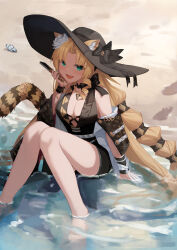 1girl :d animal_ear_fluff animal_ears arknights arm_at_side armpit_crease bare_legs bare_shoulders beach black_bow black_hat black_ribbon black_scrunchie black_tail blonde_hair blush bow bracelet breasts center_opening chain chain_bracelet chain_necklace cleavage day ears_through_headwear fang fingernails flower folded_fan folding_fan green_eyes green_nails hair_flower hair_intakes hair_ornament hair_scrunchie hand_fan hat hat_bow hat_ribbon highres holding holding_fan jewelry knees_together_feet_apart knees_up large_breasts legs light_blush long_hair nagi_(nagisanote) nail_polish necklace open_mouth outdoors pearl_bracelet ribbon sand scrunchie shell sitting smile soaking_feet solo sun_hat sunlight swire_(arknights) swire_the_elegant_wit_(arknights) tail thighs tiger_ears tiger_girl tiger_tail very_long_hair water white_flower white_ribbon wide_brim yellow_tail