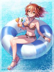 1girl bare_shoulders bikini breasts cleavage collarbone cup fate/grand_order fate_(series) fujimaru_ritsuka_(female) fujimaru_ritsuka_(female)_(brilliant_summer) genkimorimori88 hair_between_eyes hair_ornament hair_scrunchie highres holding holding_cup innertube looking_at_viewer navel o-ring o-ring_bikini ocean official_alternate_costume one_side_up orange_bikini orange_hair orange_scrunchie sandals scrunchie smile solo striped_bikini striped_clothes swim_ring swimsuit white_sandals