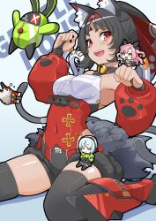 amillion_(zenless_zone_zero) anby_demara animal_ear_fluff animal_ears armpits bangboo_(zenless_zone_zero) bell belt billy_kid black_hair black_thighhighs board_coark cat_ears chibi commentary_request covered_navel detached_sleeves fingerless_gloves flying_sweatdrops fur_trim gloves hair_ribbon hairband highres looking_at_viewer metal_hairband multiple_tails neck_bell nekomiya_mana nicole_demara paw_print red_eyes ribbon shin_guards simple_background sitting skindentation sleeveless tail thighhighs two_tails wariza zenless_zone_zero