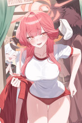 2girls absurdres aru_(blue_archive) blue_archive breasts brown_coat buruma closed_eyes coat collarbone demon_girl demon_horns fitting_room fur-trimmed_coat fur_trim gym_shirt highres horns jacket large_breasts multiple_girls mutsuki_(blue_archive) open_mouth pink_eyes pink_hair red_buruma sgholln shirt smile solo_focus steepled_fingers thighs unworn_coat unworn_jacket white_hair white_shirt