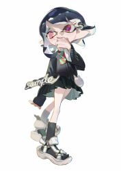 1girl acuteghost black_cardigan black_skirt black_socks blue_hair bow bowtie cardigan covering_own_mouth full_body green_bow green_bowtie hair_ornament hairclip hand_over_own_mouth highres inkling inkling_girl inkling_player_character long_sleeves nintendo pink_eyes pointy_ears purple_pupils red_bow red_bowtie sample_watermark sandals short_hair simple_background skirt socks solo splatoon_(series) standing striped_bow striped_bowtie striped_clothes tentacle_hair two-sided_fabric two-sided_skirt two-tone_bow two-tone_bowtie watermark white_background white_sandals