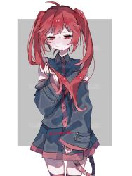 1girl ahoge alternate_hairstyle artist_name breast_pocket buttons closed_mouth collared_shirt commentary cowboy_shot detached_sleeves dot_nose double-parted_bangs fish_(symbol) grey_shirt grey_sleeves highres holding holding_own_hair kasane_teto kasane_teto_(utau) light_blush long_hair looking_down messy_hair nervous_sweating no_headwear pleated_skirt pocket red_eyes red_hair red_nails red_trim sakanaya_(toretate_fish) shirt simple_background skirt sleeveless sleeveless_shirt solo standing sweat thigh_gap thighhighs twintails twitter_username two-tone_background utau watermark watermark_grid wide_sleeves wingtip_collar