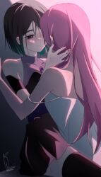 2girls alien_stage black_dress black_hair black_thighhighs blush bob_cut commentary daikon_keroi detached_sleeves dress hashtag-only_commentary highres long_hair mizi_(alien_stage) multiple_girls pink_hair purple_eyes short_hair short_sleeves signature sleeveless sleeveless_dress spaghetti_strap strap_slip sua_(alien_stage) thighhighs very_long_hair white_dress yuri