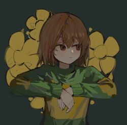 1other black_background bob_cut brown_eyes brown_hair chara_(undertale) closed_mouth commentary_request double-parted_bangs fetransistor floral_background flower frown green_sweater hair_between_eyes highres long_sleeves looking_to_the_side other_focus own_hands_together puffy_long_sleeves puffy_sleeves short_hair sideways_glance simple_background solo striped_clothes striped_sweater sweater turtleneck turtleneck_sweater two-tone_sweater undertale upper_body yellow_flower yellow_sweater