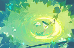 1girl aqua_theme artist_name barefoot black_hair branch dress floating_hair flower from_above green_hair green_theme huhv. leaf lily_pad long_hair moon nature original outdoors plant reflection ripples scenery short_sleeves solo standing standing_on_liquid sundress tree very_long_hair wading walking walking_on_liquid water watermark white_dress white_flower wide_shot