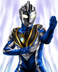 Rule 34 | 1boy, alien, armor, blue gemstone, blue skin, breastplate, collarbone, color timer, colored skin, commentary, compound eyes, dorsal fin, fighting stance, forehead jewel, gem, glowing, glowing eyes, gold trim, hand up, hanejidyna86, highres, looking ahead, male focus, multicolored skin, ocean, open hands, pectorals, silver skin, solo, standing, tokusatsu, toned, toned male, two-tone skin, ultra series, ultraman agul, ultraman gaia (series), upper body, water, waterfall, white eyes, wrinkled skin