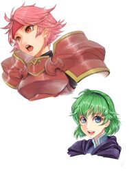 2girls armor blue_eyes fire_emblem fire_emblem:_the_binding_blade fire_emblem:_the_blazing_blade green_hair gwendolyn_(fire_emblem) hairband headband highres multiple_girls nino_(fire_emblem) nintendo orange_armor pink_eyes pink_hair pocari66 purple_hairband red_headband white_background