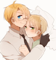 2boys ahoge america_(hetalia) axis_powers_hetalia black_gloves black_necktie blonde_hair blue_eyes blush brown-framed_eyewear closed_mouth collared_shirt commentary_request from_side glasses gloves green_eyes green_shirt hand_on_another&#039;s_chest hand_up holding_veil long_sleeves looking_at_viewer male_focus multiple_boys necktie ninonuko one_eye_closed see-through_clothes see-through_veil semi-rimless_eyewear shirt short_hair simple_background smile united_kingdom_(hetalia) upper_body veil white_background white_shirt yaoi