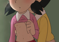1boy 1girl black_hair blush doraemon hetero loli minamoto_shizuka nobi_nobita shota twintails