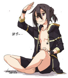 1boy black_hair bow closed_mouth crossed_legs hair_bow highres hot jacket kirito kirito_(sao-ggo) long_hair open_clothes open_jacket shikei shorts simple_background sitting sweat sword_art_online wristband