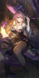 1girl absurdres ascot bare_shoulders black_boots black_choker black_hat black_pantyhose book boots breasts brown_hair choker cleavage closed_mouth collarbone commentary_request detached_sleeves dress hair_between_eyes hand_on_headwear hand_up hat herta_(honkai:_star_rail) highres honkai:_star_rail honkai_(series) large_breasts long_hair looking_at_viewer official_alternate_costume otabaaa pantyhose purple_eyes quill sitting smile solo strapless strapless_dress the_herta_(honkai:_star_rail) very_long_hair white_ascot witch_hat