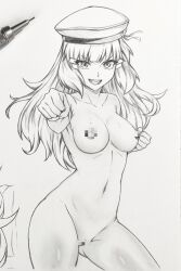 1girl breasts censored character_request choppy_bangs collarbone completely_nude copyright_request cowboy_shot graphite_(medium) hat highres linea_alba long_hair looking_at_viewer monochrome mosaic_censoring navel nude open_mouth seishun_dendeke solo traditional_media v-shaped_eyebrows white_background